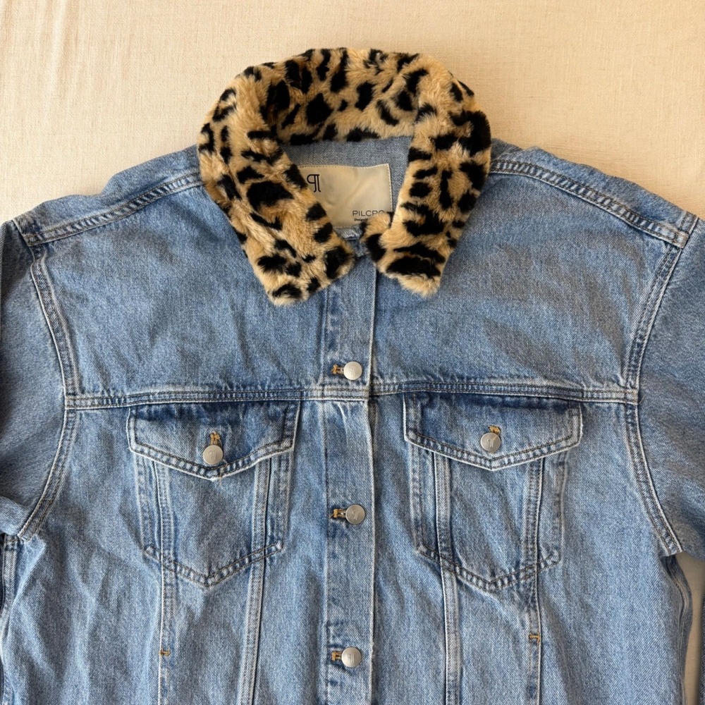 NWT Pilcro The Weston Denim Boyfriend Jacket Womens Large Leopard Collar Edition - Picture 12 of 15